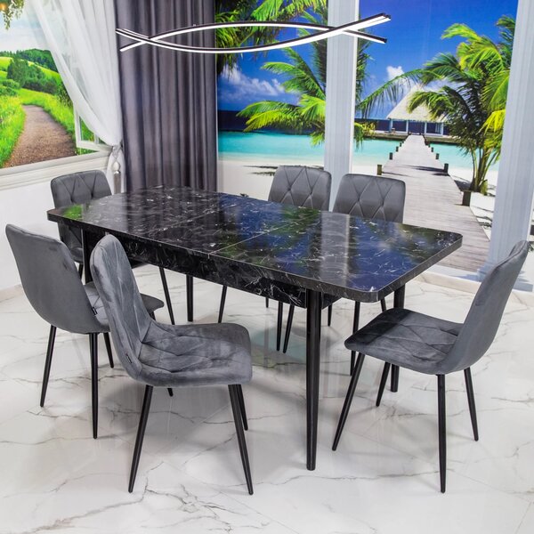 Set masa extensibila Napoli Black Marble cu 6 scaune Kobe gri, DENVER, picioare vopsite negru, 130x80x76 cm
