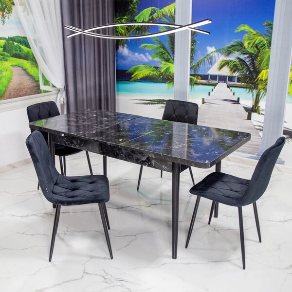 Set masa extensibila Napoli Black Marble cu 4 scaune Kobe negru, DENVER, picioare vopsite negru, 130x80x76 cm