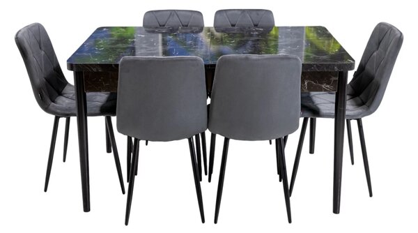 Set masa extensibila Napoli Black Marble cu 6 scaune Kobe gri, DENVER, picioare vopsite negru, 130x80x76 cm