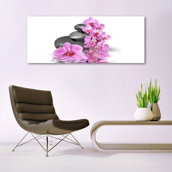 Tablou pe sticla Pietrele florale flori roz gri