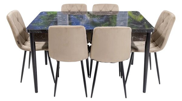 Set masa extensibila Napoli Black Marble cu 6 scaune Kobe bej, DENVER, picioare vopsite negru, 130x80x76 cm