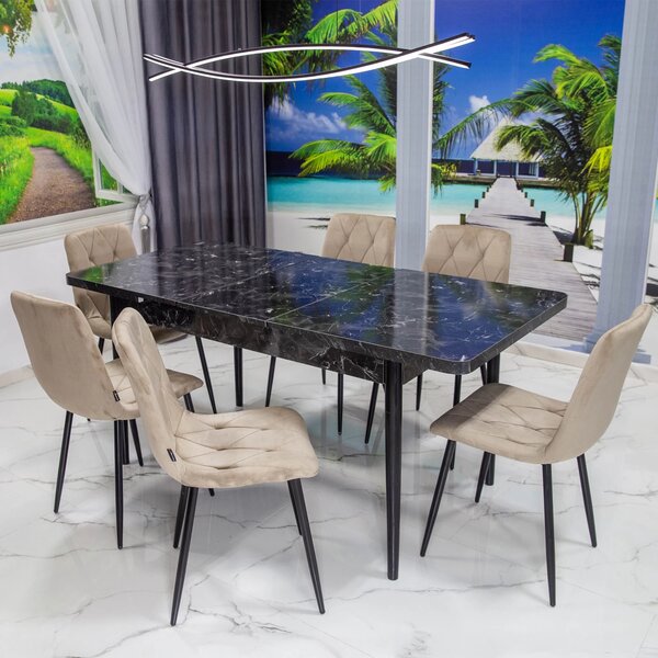 Set masa extensibila Napoli Black Marble cu 6 scaune Kobe bej, DENVER, picioare vopsite negru, 130x80x76 cm