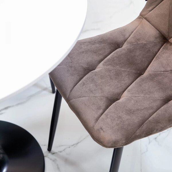 Set masa Innsbruck, DENVER, blat alb si picior negru cu 4 scaune Kobe maro, forma rotunda, 80x73 cm
