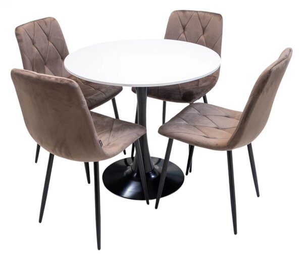 Set masa Innsbruck, DENVER, blat alb si picior negru cu 4 scaune Kobe maro, forma rotunda, 80x73 cm