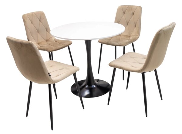 Set masa Innsbruck, DENVER, blat alb si picior negru cu 4 scaune Kobe bej, forma rotunda, 80x73 cm