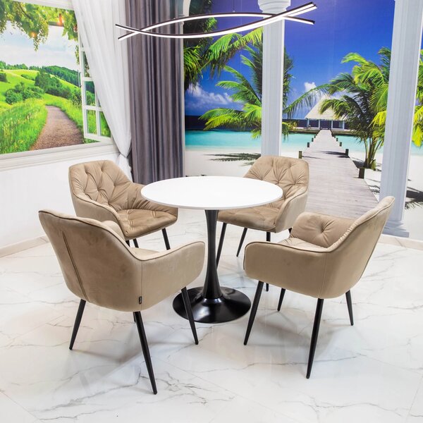 Set masa Innsbruck, DENVER, blat alb si picior negru cu 4 scaune Tokyo bej, forma rotunda, 80x73 cm