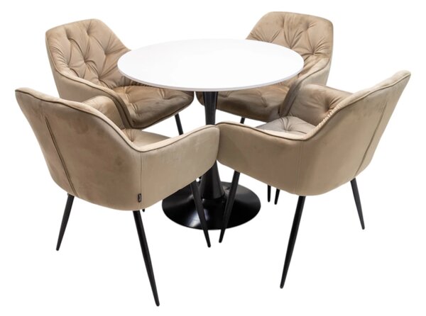Set masa Innsbruck, DENVER, blat alb si picior negru cu 4 scaune Tokyo bej, forma rotunda, 80x73 cm