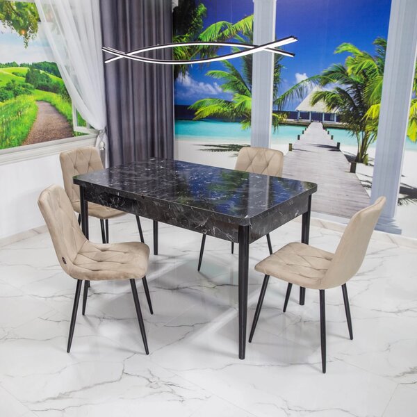 Set masa extensibila Napoli Black Marble cu 4 scaune Kobe bej, DENVER, picioare vopsite negru, 130x80x76 cm