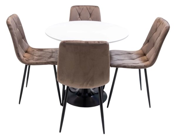 Set masa Innsbruck, DENVER, blat alb si picior negru cu 4 scaune Kobe maro, forma rotunda, 80x73 cm