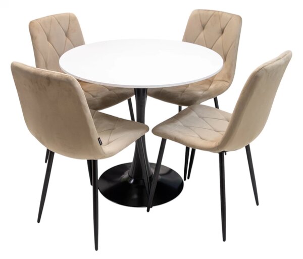 Set masa Innsbruck, DENVER, blat alb si picior negru cu 4 scaune Kobe bej, forma rotunda, 80x73 cm