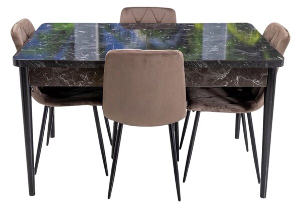 Set masa extensibila Napoli Black Marble cu 4 scaune Kobe maro, DENVER, picioare vopsite negru, 130x80x76 cm
