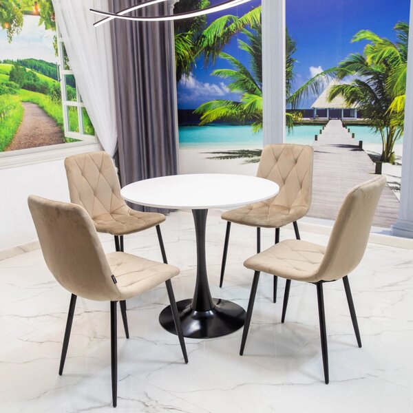 Set masa Innsbruck, DENVER, blat alb si picior negru cu 4 scaune Kobe bej, forma rotunda, 80x73 cm