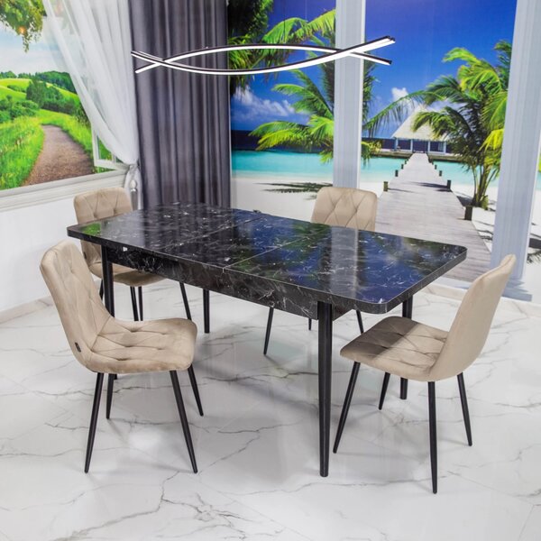 Set masa extensibila Napoli Black Marble cu 4 scaune Kobe bej, DENVER, picioare vopsite negru, 130x80x76 cm