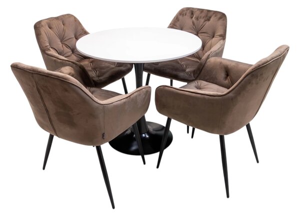 Set masa Innsbruck, DENVER, blat alb si picior negru cu 4 scaune Tokyo maro, forma rotunda, 80x73 cm