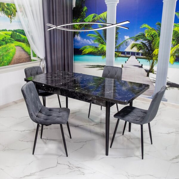 Set masa extensibila Napoli Black Marble cu 4 scaune Kobe gri, DENVER, picioare vopsite negru, 130x80x76 cm