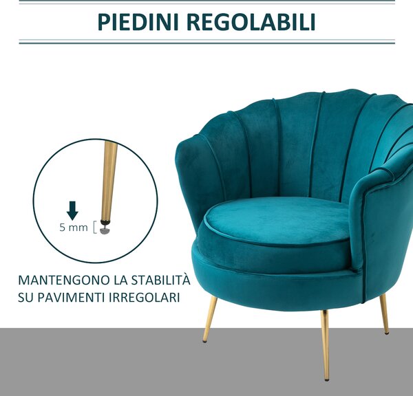 Fotoliu design vintage din Catifea HOMCOM, Fotoliu mic retro de sufragerie, salon si birou, Albastru petrol,179x77x77cm | Aosom Romania