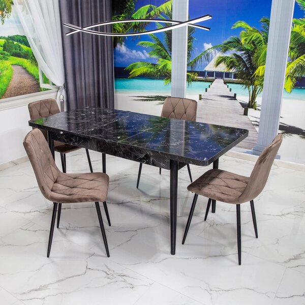 Set masa extensibila Napoli Black Marble cu 4 scaune Kobe maro, DENVER, picioare vopsite negru, 130x80x76 cm