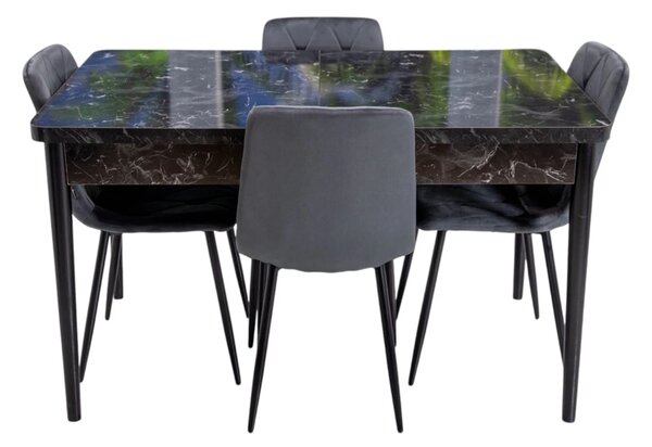 Set masa extensibila Napoli Black Marble cu 4 scaune Kobe gri, DENVER, picioare vopsite negru, 130x80x76 cm