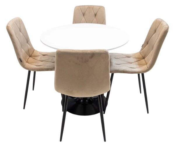 Set masa Innsbruck, DENVER, blat alb si picior negru cu 4 scaune Kobe bej, forma rotunda, 80x73 cm