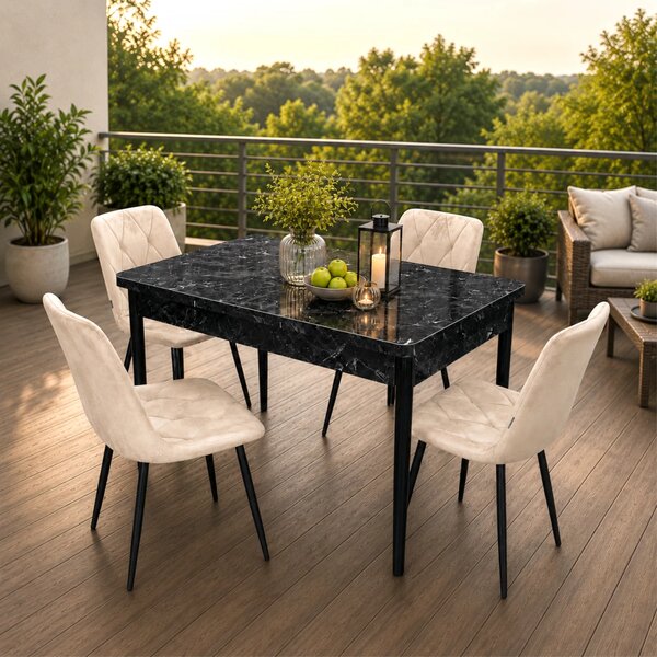 Set masa extensibila Napoli Black Marble cu 4 scaune Kobe bej, DENVER, picioare vopsite negru, 130x80x76 cm