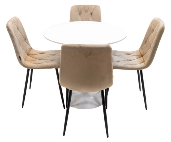 Set masa Innsbruck, DENVER, blat alb si picior alb cu 4 scaune Kobe bej, forma rotunda, 80x73 cm