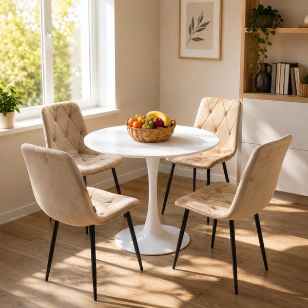 Set masa Innsbruck, DENVER, blat alb si picior alb cu 4 scaune Kobe bej, forma rotunda, 80x73 cm