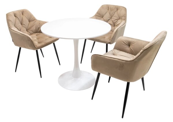 Set masa Innsbruck, DENVER, blat alb si picior alb cu 3 scaune Tokyo bej, forma rotunda, 80x73 cm