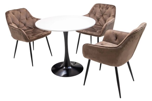 Set masa Innsbruck, DENVER, blat alb si picior negru cu 3 scaune Tokyo maro, forma rotunda, 80x73 cm