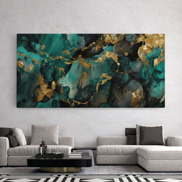 Tablou Canvas, 40x80cm, Dormitor si Living, Abstracte, Marble, Dark Green Golden Marble