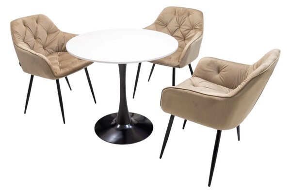 Set masa Innsbruck, DENVER, blat alb si picior negru cu 3 scaune Tokyo bej, forma rotunda, 80x73 cm