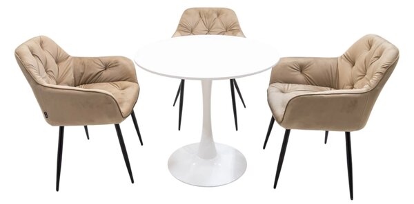 Set masa Innsbruck, DENVER, blat alb si picior alb cu 3 scaune Tokyo bej, forma rotunda, 80x73 cm