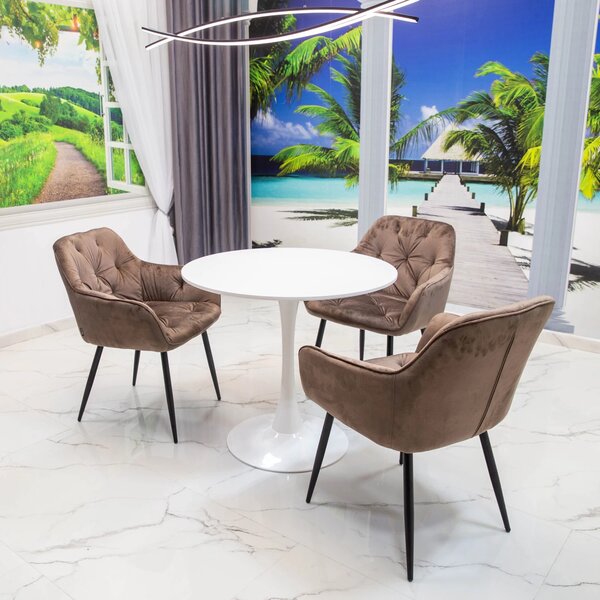 Set masa Innsbruck, DENVER, blat alb si picior alb cu 3 scaune Tokyo maro, forma rotunda, 80x73 cm