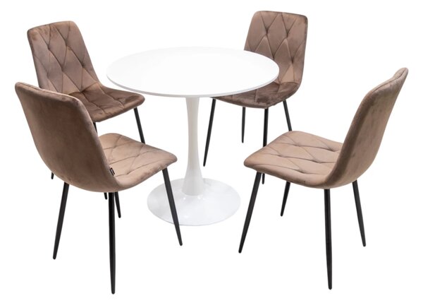 Set masa Innsbruck, DENVER, blat alb si picior alb cu 4 scaune Kobe maro, forma rotunda, 80x73 cm