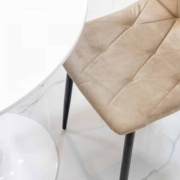 Set masa Innsbruck, DENVER, blat alb si picior alb cu 4 scaune Kobe bej, forma rotunda, 80x73 cm