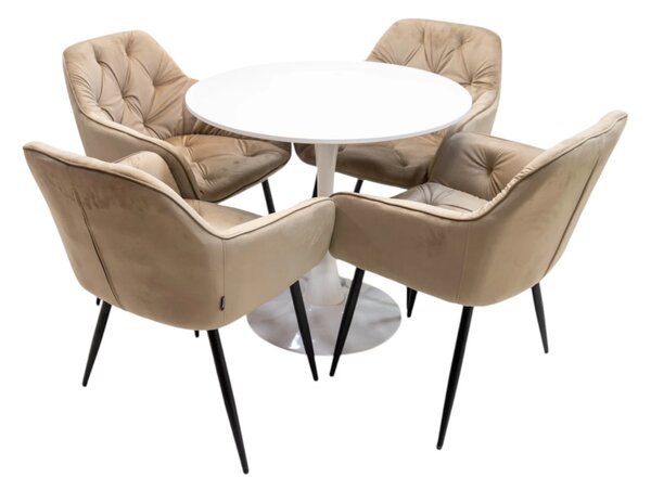 Set masa Innsbruck, DENVER, blat alb si picior alb cu 4 scaune Tokyo bej, forma rotunda, 80x73 cm