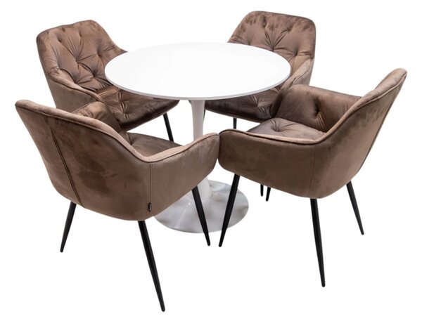Set masa Innsbruck, DENVER, blat alb si picior alb cu 4 scaune Tokyo maro, forma rotunda, 80x73 cm