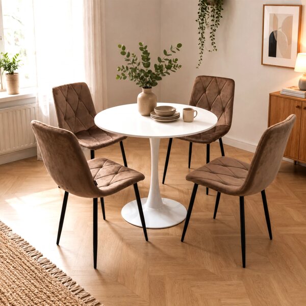 Set masa Innsbruck, DENVER, blat alb si picior alb cu 4 scaune Kobe maro, forma rotunda, 80x73 cm