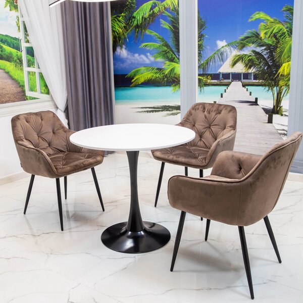 Set masa Innsbruck, DENVER, blat alb si picior negru cu 3 scaune Tokyo maro, forma rotunda, 80x73 cm