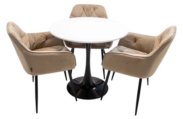 Set masa Innsbruck, DENVER, blat alb si picior negru cu 3 scaune Tokyo bej, forma rotunda, 80x73 cm