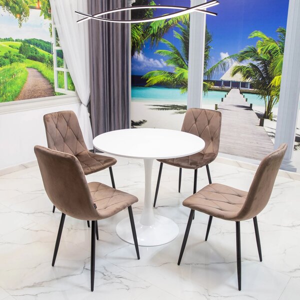 Set masa Innsbruck, DENVER, blat alb si picior alb cu 4 scaune Kobe maro, forma rotunda, 80x73 cm
