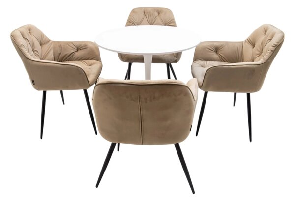 Set masa Innsbruck, DENVER, blat alb si picior alb cu 4 scaune Tokyo bej, forma rotunda, 80x73 cm