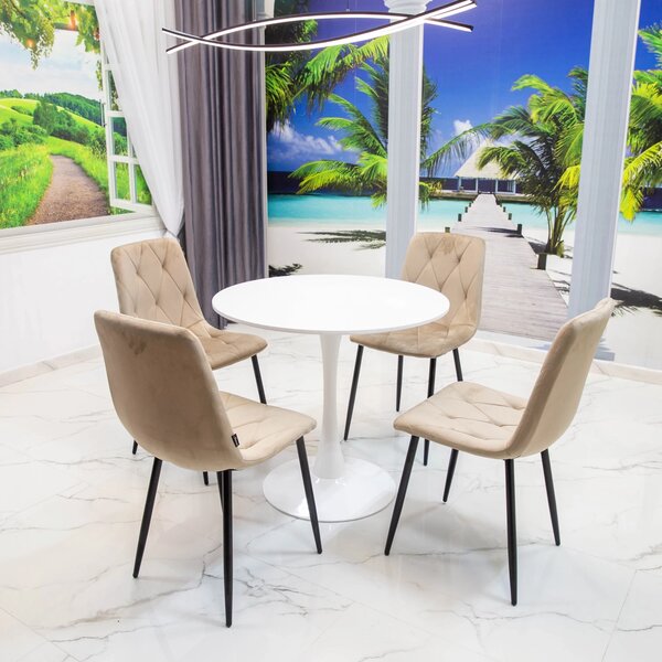Set masa Innsbruck, DENVER, blat alb si picior alb cu 4 scaune Kobe bej, forma rotunda, 80x73 cm