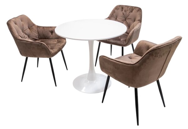 Set masa Innsbruck, DENVER, blat alb si picior alb cu 3 scaune Tokyo maro, forma rotunda, 80x73 cm
