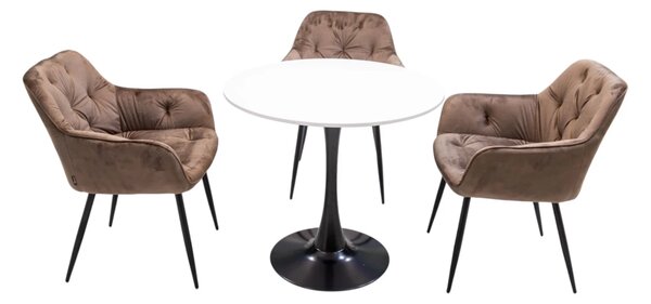 Set masa Innsbruck, DENVER, blat alb si picior negru cu 3 scaune Tokyo maro, forma rotunda, 80x73 cm