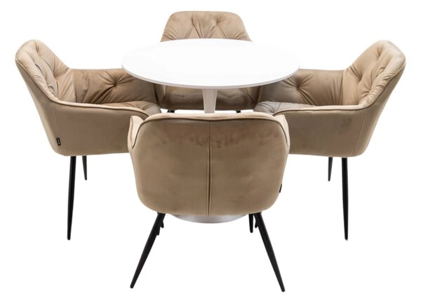 Set masa Innsbruck, DENVER, blat alb si picior alb cu 4 scaune Tokyo bej, forma rotunda, 80x73 cm