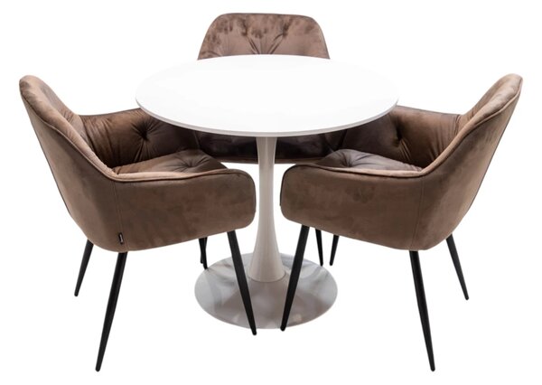 Set masa Innsbruck, DENVER, blat alb si picior alb cu 3 scaune Tokyo maro, forma rotunda, 80x73 cm