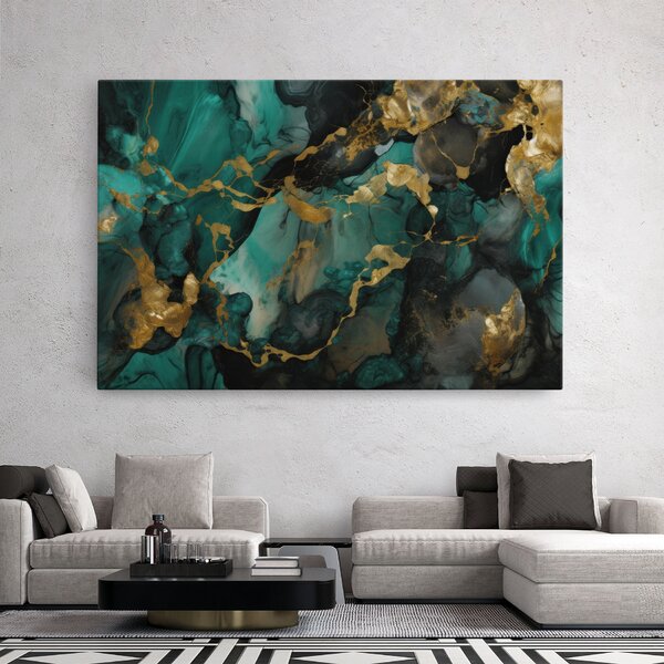 Tablou Canvas, 20x30cm, Dormitor si Living, Abstracte, Marble, Dark Green Golden Marble