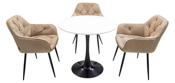 Set masa Innsbruck, DENVER, blat alb si picior negru cu 3 scaune Tokyo bej, forma rotunda, 80x73 cm