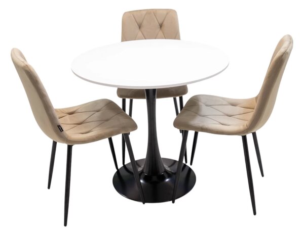 Set masa Innsbruck, DENVER, blat alb si picior negru cu 3 scaune Kobe bej, forma rotunda, 80x73 cm