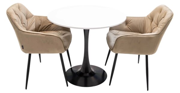 Set masa Innsbruck, DENVER, blat alb si picior negru cu 2 scaune Tokyo bej, forma rotunda, 80x73 cm
